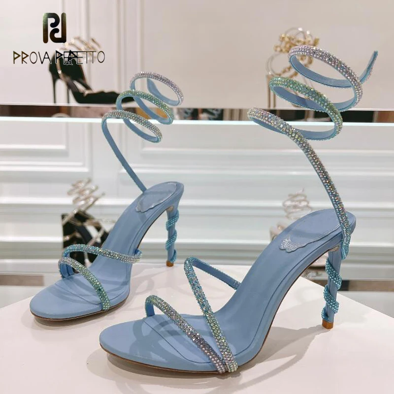 

Colorful Rhinstone Straps Ankle Strappy Women Luxury Summer Sandal Shoe Thin Heel Open Toe Yellow Blue Nightclub Evening Shoe