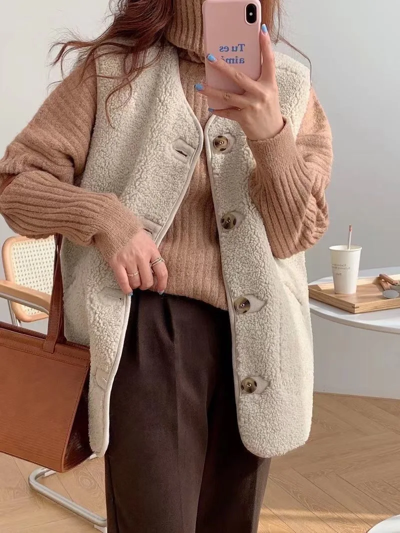 Mode Vrouwen Faux Lamswollen Jas Herfst Winter, Neeuwe Losse Koreaanse Mouwloos Vest Vrouwelijke Vesten Bovenkleding