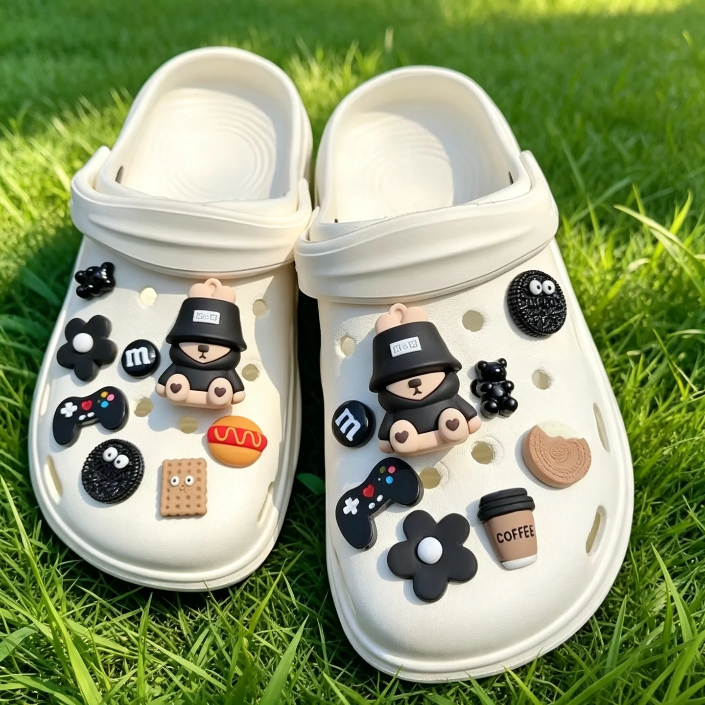 Cartoon Hooded Bear Resin Shoe Charms Gamepad Biscuit Coffee Flower Hot Dog Ornaments DIY Decor For Ladies Clogs Hole Bag Gifts
