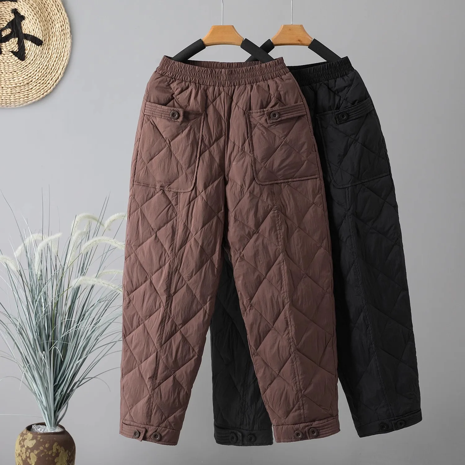 

Literature Solid Plaid Pockets Down Cotton Trousers Women 2024 New Winter All Match Slim Thick Warm Buttons Quilted Harem Pants