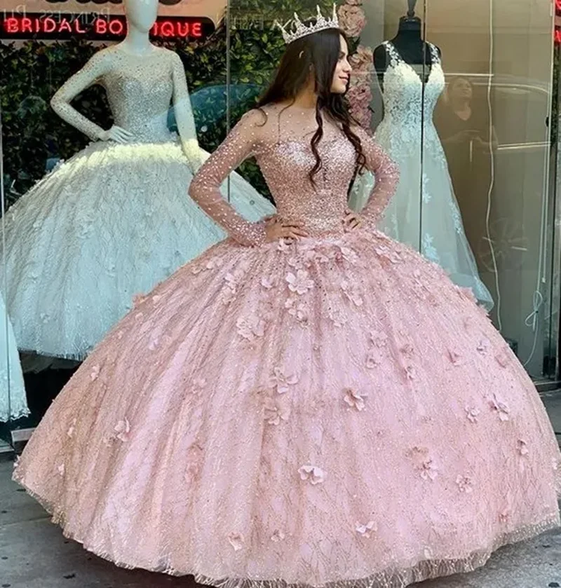 Hellblaue Quinceanera-Kleider 2024, lange Ärmel, Pailletten, Blumen, Sweet 16, Ballkleid, Rosa, Vestidos De 15 Quinceañera, individuell gestaltet