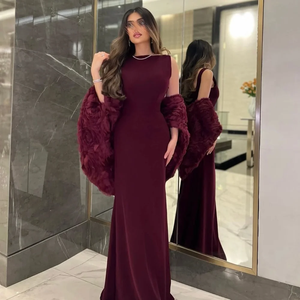 

Customized Burgundy Sexy Formal Jersey Handmade Flower Pleat Mermaid High Collar Long Dresses Evening Dresses Exquisite Pastrol