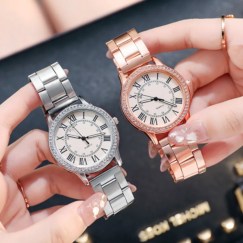 Luxury Brand Geneva Casual Crystal Luminous Quartz Watch Women Stainless Steel Dress Wristwatches Relogio Feminino Ladies Clock