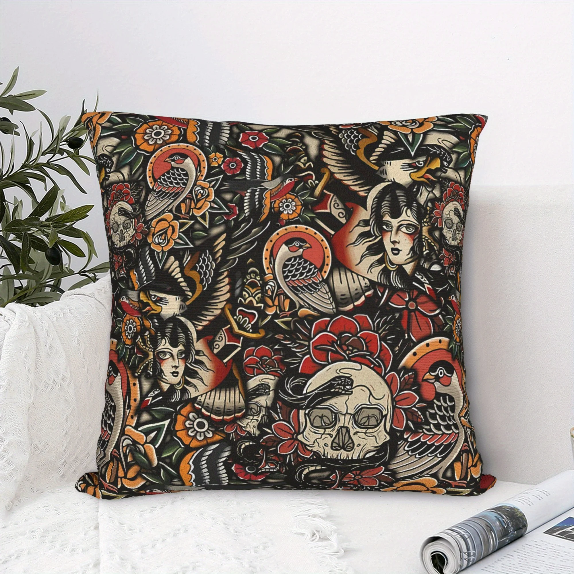 Old School Tattoo Print Throw Pillow Cover - Decorative Cushion Case for Sofa & Home Decor