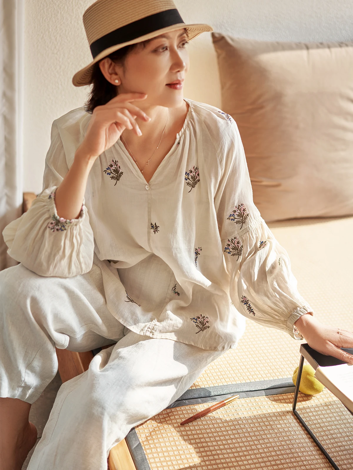 

High-Branch Silk Embroidered irt Loose Lantern Sve Slimming Thin Autumn Cotton Clothes Artistic Sle V-ne Lo...