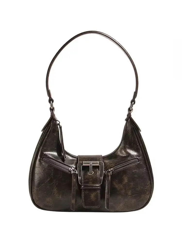 JIAERDI-Bolso Hobos marrón Vintage para mujer, bandolera de cuero con cremallera, informal, Retro