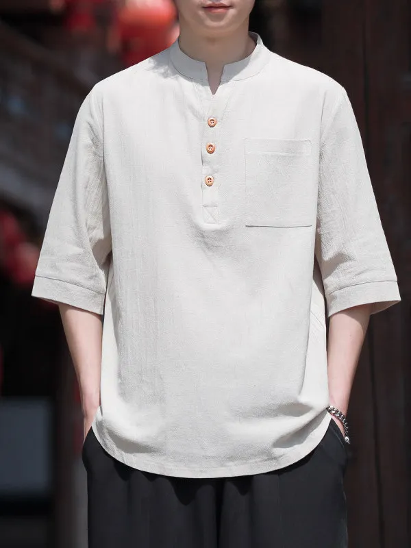 

Loose Fit Cotton Linen Men's T-Shirt Chinese Style V-Neck Short Sleeve Breathable Summer Thin Large Size Tang Costume Shirt