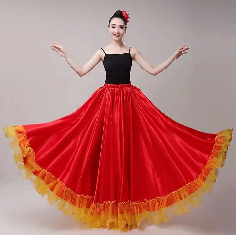 Cigana Mulher Espanhola Flamenco Saia Poliéster Cetim Suave Big Swing Carnaval Festa Salão De Baile Dança Do Ventre Trajes Vestido