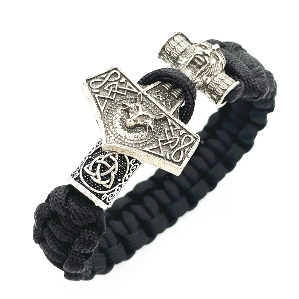 Thor Hammer Wolf Amulet Viking Bracelet Men Women Accessories Black Survival Paracord Handmade Jewelry
