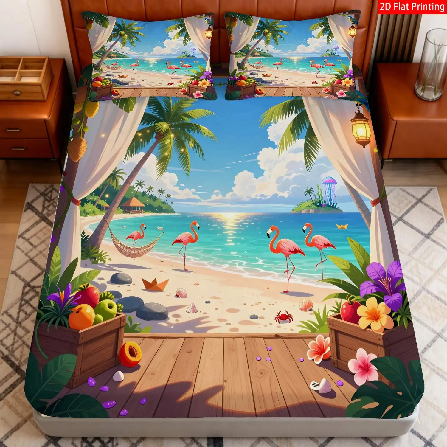 3-Piece Mattress Protector Set, Tropical Beach Themed Bedding, Suitable for Bedroom, Turquoise Palm Tree and Ocean Wave Print Fitted Sheet, Mattress Protector, Stain-Resistant, Suitable for All Seasons, Machine Washable, Easy to Care For, Suitable for Home Bedrooms, Essential for Dorms and Rentals, Master Bedroom and Guest Room Decoration, Dust-Proof and Stain-Resistant, High Elasticity, Fits Various Sizes