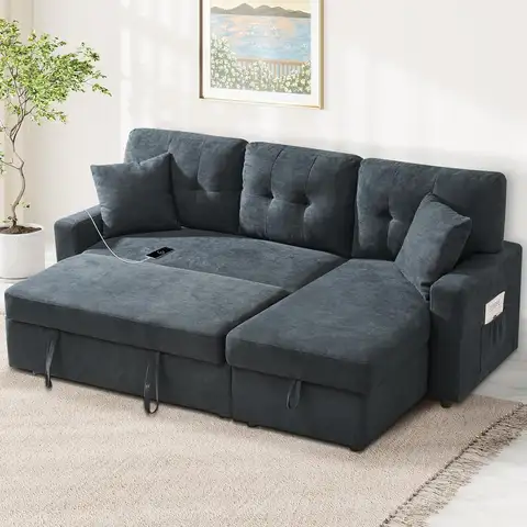 Divano a forma di L con contenitore, divano letto estraibile con porte USB e tipo C, divano letto convertibile