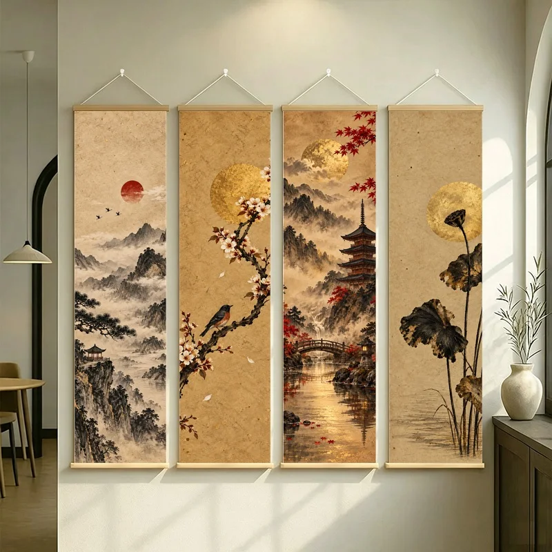 Japanese Landscape Wall Art with Four Seasonal Scenes on Silver Shimmer Canvas for a Serene Living Room or Tea Room