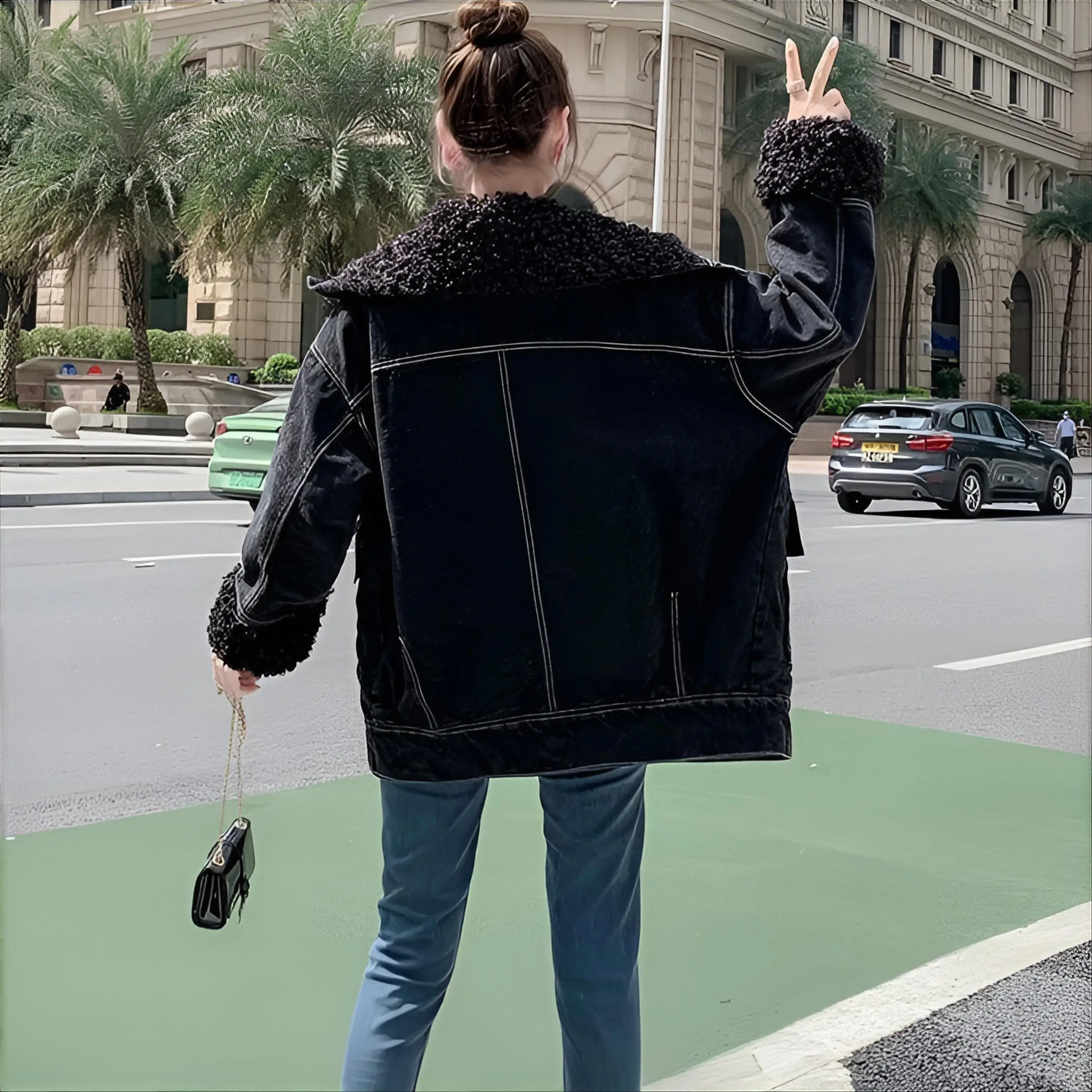 

Denim Coat Hip Hop Fur Plush Womens Winter Loose-Fit Sweet Cool Girl College Classroom Anti-Odor Softshell Buttoned Patchwork OL