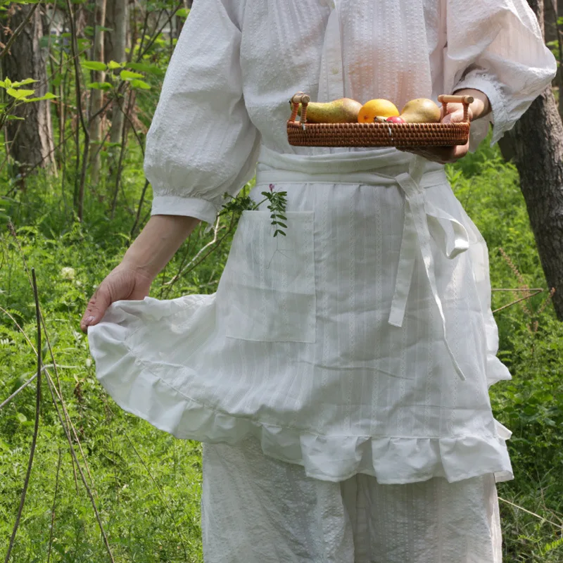 Cotton Jacquard Waist Apron Women's White Ruffle Edge Home Kitchen Baking and Beauty Apron