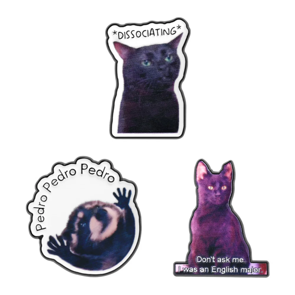 Funny Animal Raccoon Black Cat Metal Pin Internet Meme Brooch Set Otter Repeating Name/Black Cat Displaying Tattered Slogan Pin