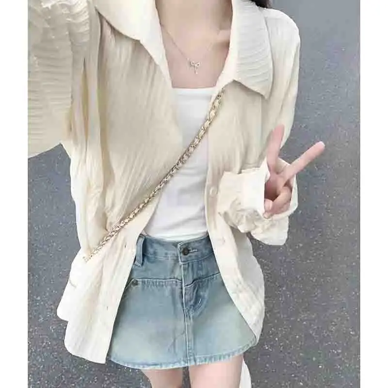 Design Sense Women Blouse Korean Loose Sunscreen Coat Jacket Female French Cardigan Thin Style Breathable Sunscreen Shirts  Top