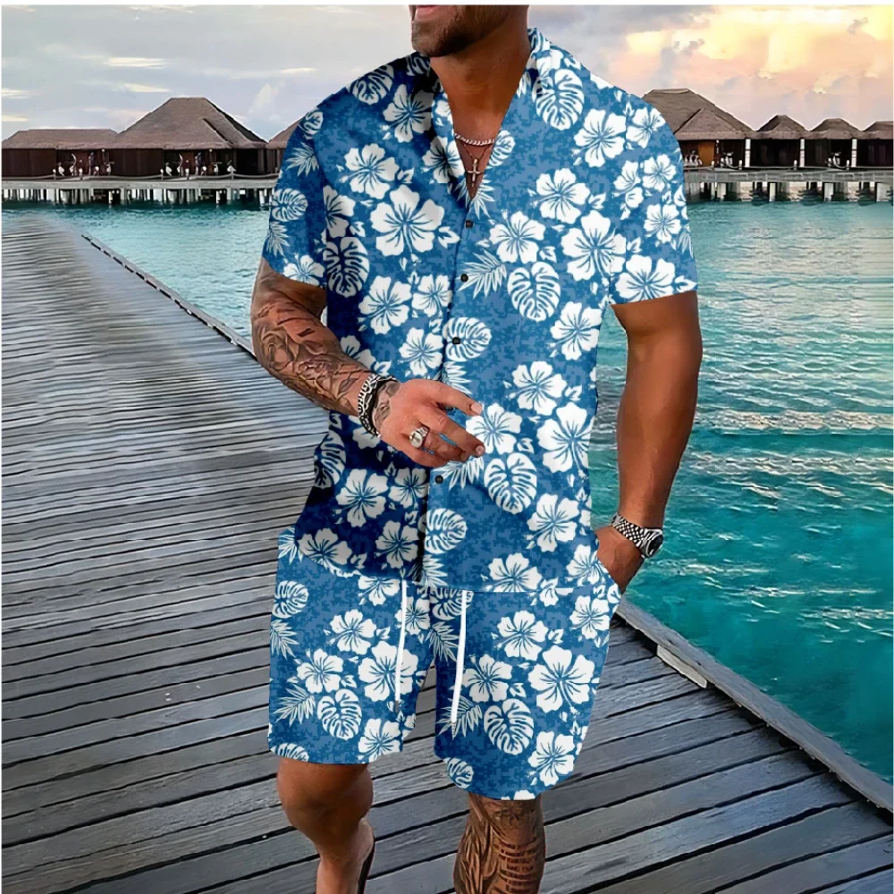 Hawaii bunga multiwarna tombol kemeja celana pendek musim panas motif bunga warna pantai set Hipster Streetwear pakaian olahraga pria