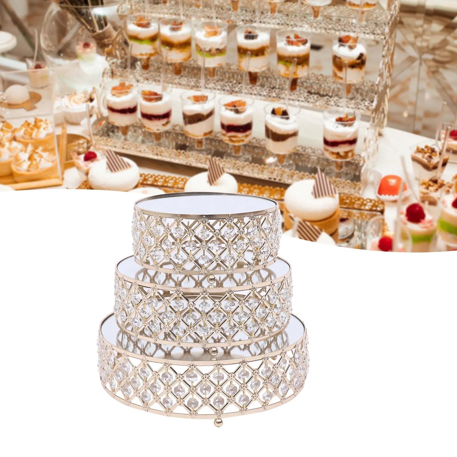 3Pcs  New Arrive Gold Crystal Cake Stand Set Electroplating Gold Mirror Face Wedding Party Table Candy Bar Table Decoration