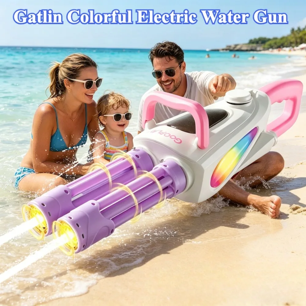 Powerful Electric Rotating Barrel Gatling Water Gun with LED Light Summer Outdoor Beach Shooting Water Games Toys for Children