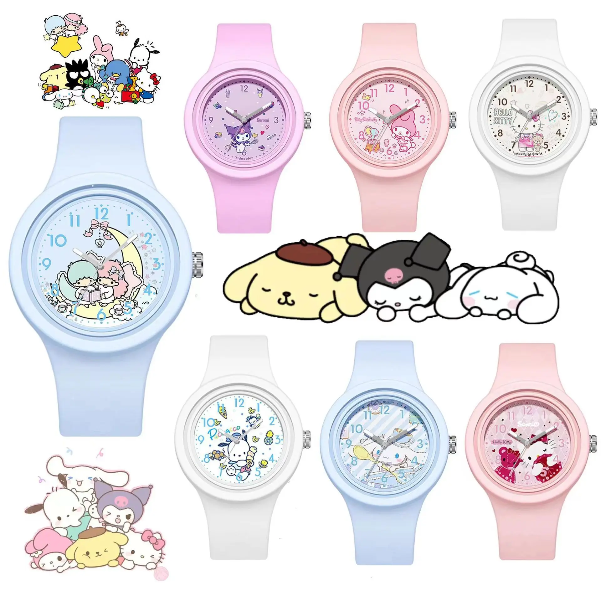 Sanrio Quartz Wristwatch Hello Kitty Girls Watch Kawaii Gifts Melody Kuromi Watches for Kids Silicone Strap Little Twin Stars