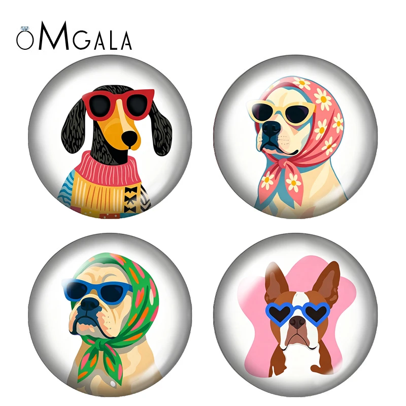 Cartoon Lovely Dog Wearing Sunglass Art Paintings 10pcs 12mm/20mm/25mm Round Photo Demo Glass Cabochon Flat Back Making Fittings
