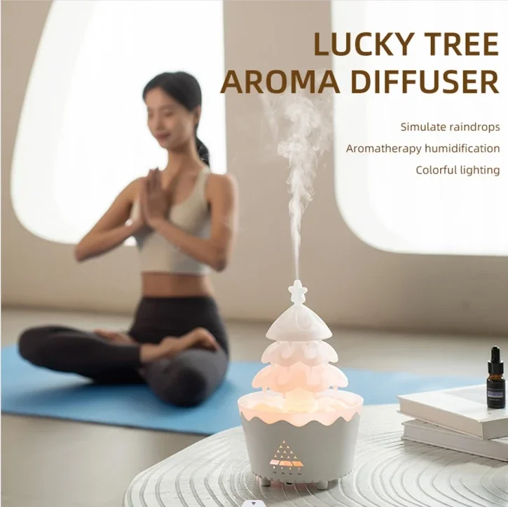 250ml Humidifier Lucky Tree with RC,7 Color Lights,Rain Cloud Essential Oil Diffusers Rotatable,Water Drip Aromatherapy Diffuse