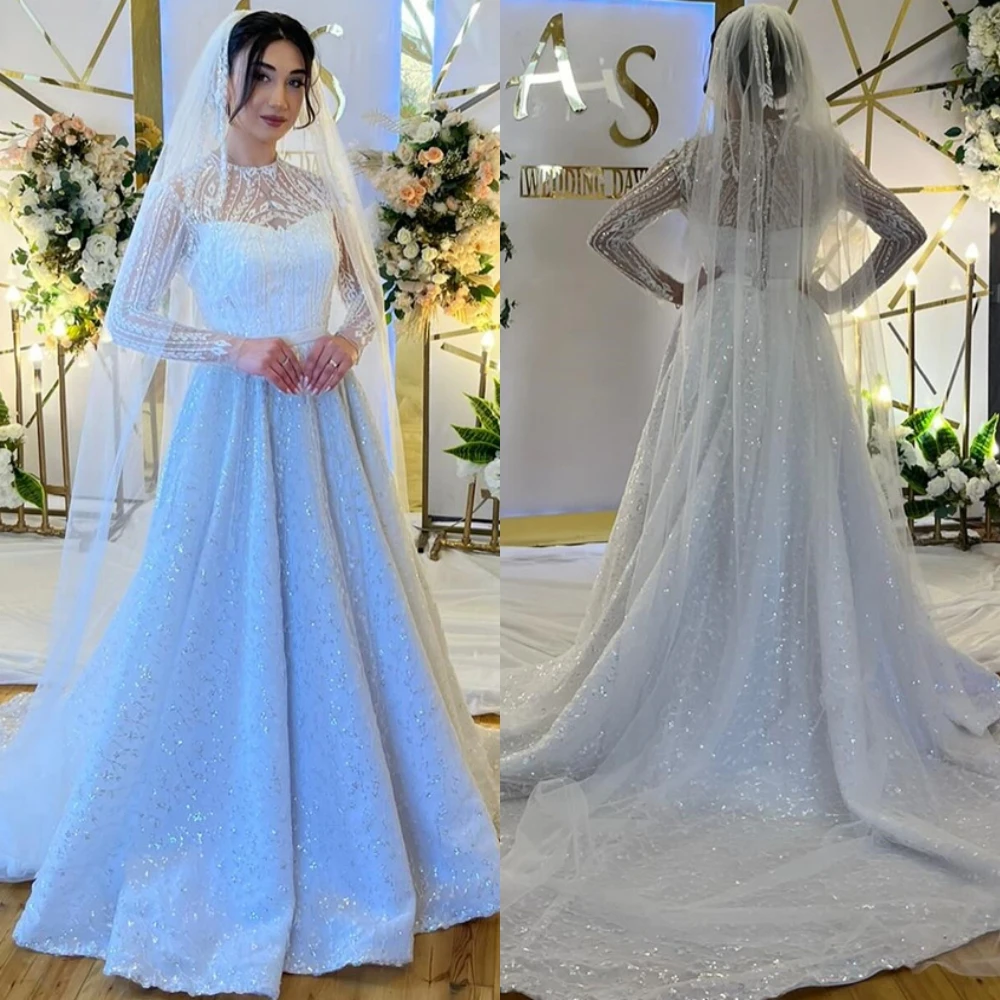 

Customized Sparkly Sequined Long Sleeves Bridal Gowns Classic O-neck A-Line Wedding Dresses Elegant Organza Vestido De Novia