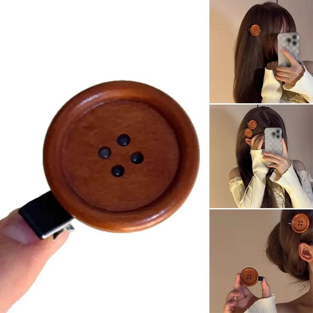 

Elegant Wood+Alloy Button Hair Clip Fashion Styling Sweet Style Duckbill Clip Brown Sweet Barrette Women Girls