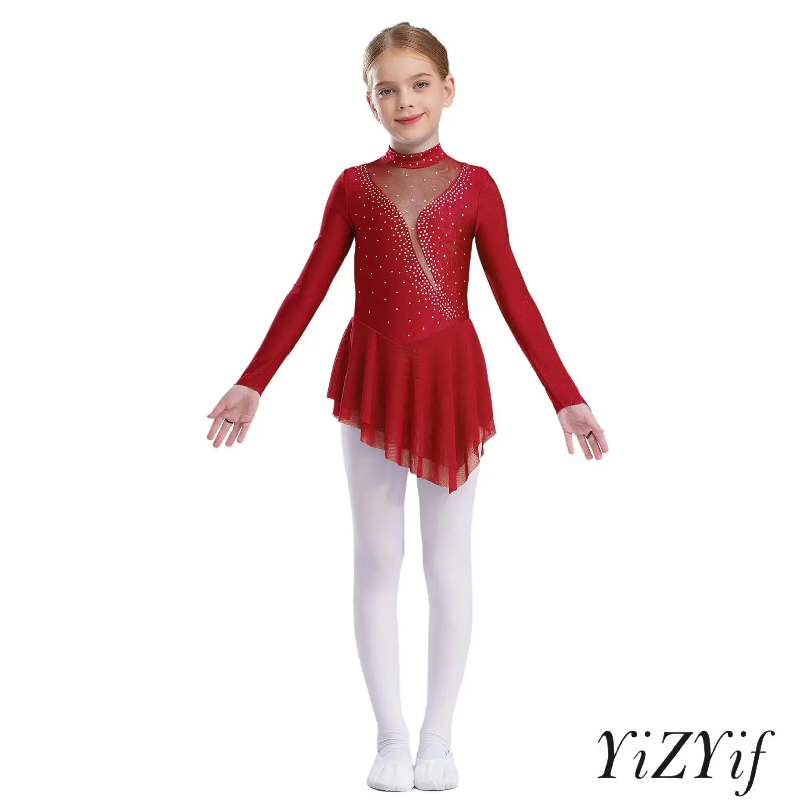 Robe de patinage artistique pour filles, couleur unie, épissure en maille, Ballet, Jazz, danse latine, gymnastique, justaucorps, Costume de danse de Performance