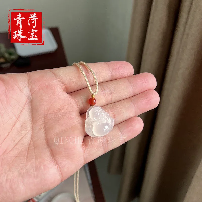 High-quality chalcedony , natural , Laughing Buddha , agate leaf pendant