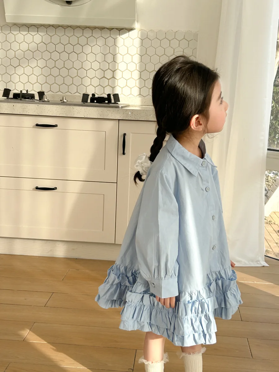 Girls Shirt Dress 2024 New Fashionable Korean Style Spring and Summer Lapel Long Sleeve Princess Solid Color Casual Sweet Dress