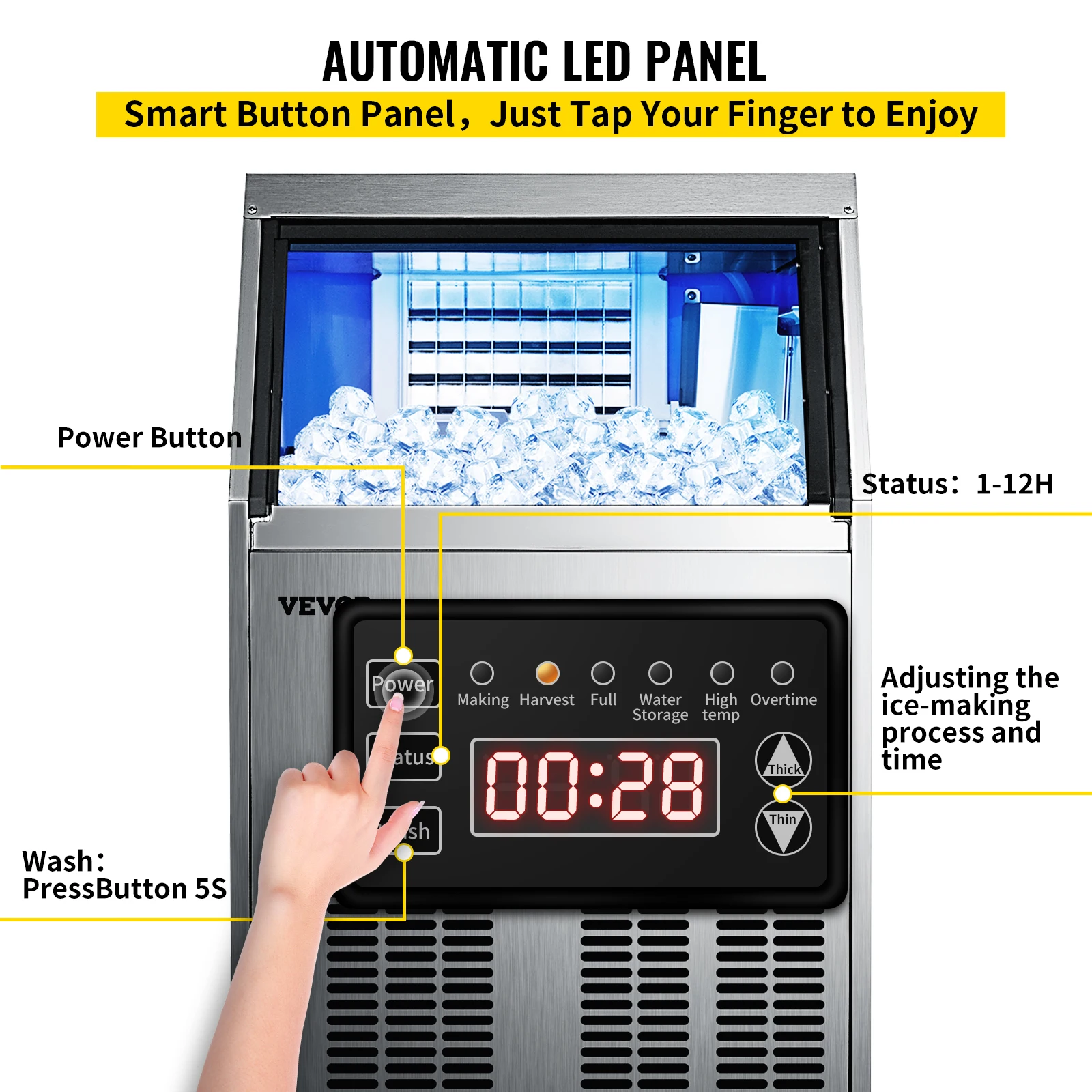 VEVOR-Máquina de gelo autônoma comercial do cubo, aparelho eletrodoméstico, Auto, claro, congelador líquido, gerador de gelo, 40-70 kg/24H, 110V