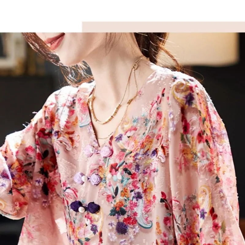 Simplicity Office Lady New Summer Thin Style Women\'s V-neck Printing Frog Fashion Elegant Loose 3/4 Sleeve Chiffon Shirt Tops