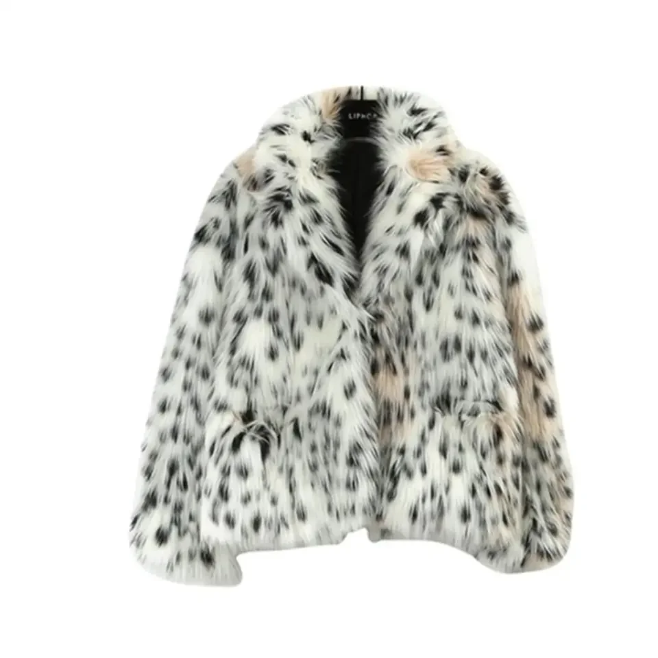 Luxury Faux Mink Fur Leopard Printed Coat Female Turn Down Collar Plush Imitation Fox Fur Bomber Jacket Spotted Cardigan Tops