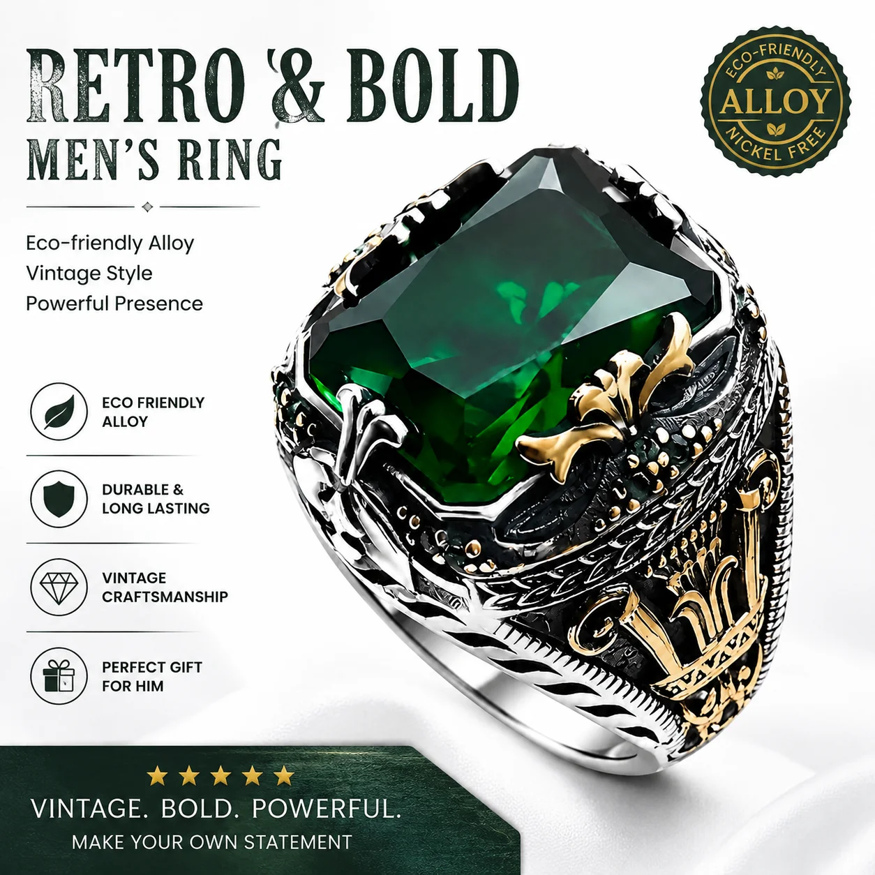 Inlaid Glass Men's Luxury Ring Personalized Victorian Intricate Carved Retro Domineering Ring