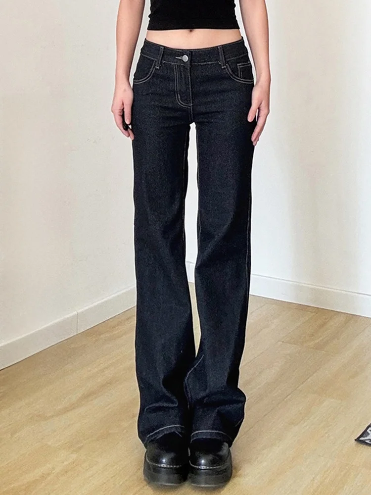 

WEEKEEP Street Versatile Deep Blue Embroidered Slimming Flared Jeans Women's Draped Straight Casual Pants Low Waist Cotton St...
