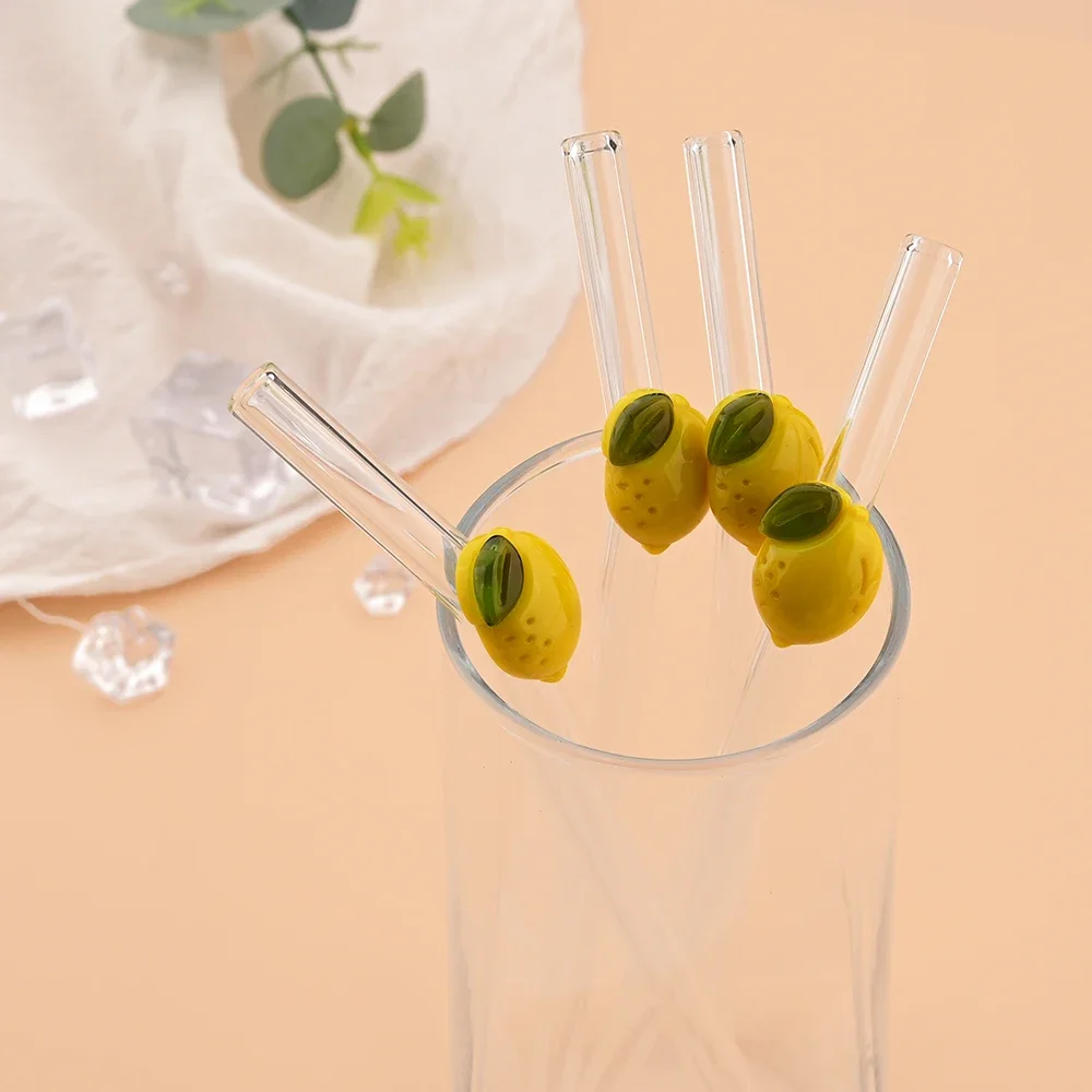 200*8mm Drinking Straw Set with Brush 4/5pcs Lemon Glass Straws High Borosilicate Bent Glass Straw Home Party Bar Drinkware