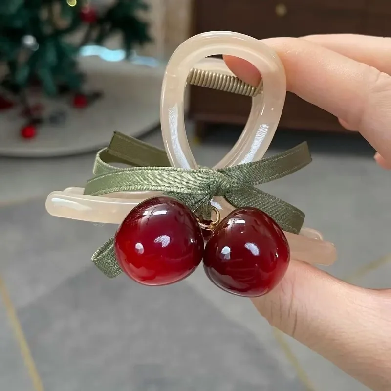 Cute Cherry Hair Claw Clip with Green Ribbon Bow Non Slip Jaw Clip Lovely Daily Hair Accessory for Girls Hairstyle Decoration view 4