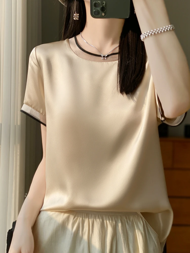 Women's silk Oversized T- Shirt O Neck Casual satin Tees Summer Solid Champagne Loose T-Shirt Fashion New Style Slim Thin StyleT
