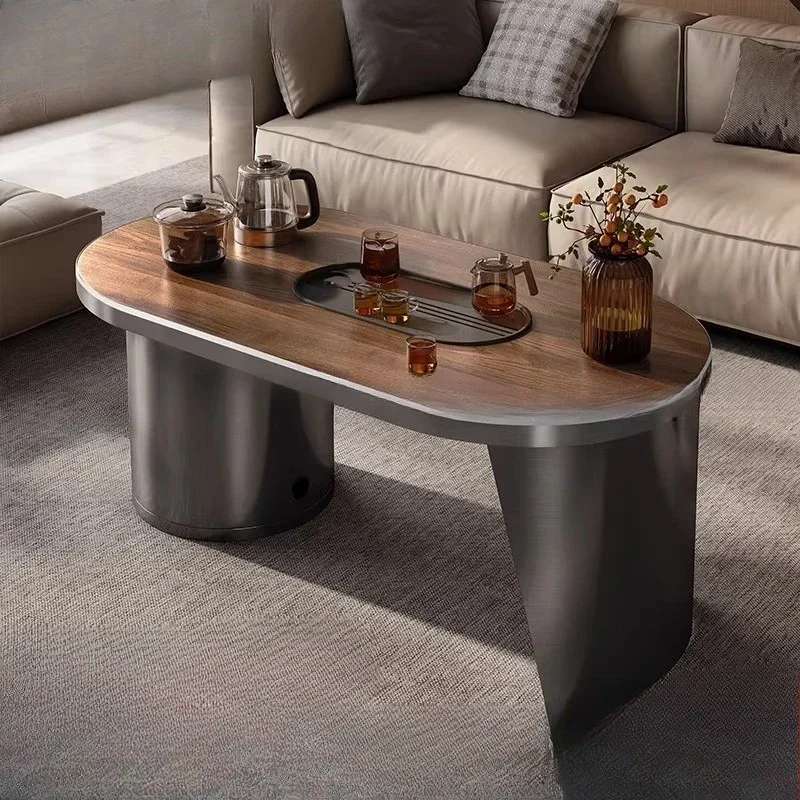 Luxury Rock Slab Tea Table Light Wood Grain Multi Functional