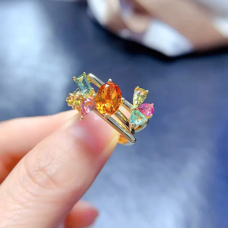 

Creative 925 Silver Combination Ring Set for Party 6mm*8mm Natural Citrine Ring with Real Tourmaline Side Gemstones