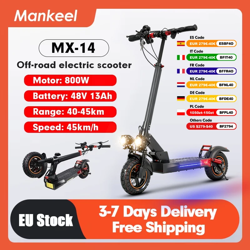 

Mankeel MX-14 Off-Road Electric Scooter 800W 45KM/H High Speed Powerful Electric Scooters Adults USA Warehouse