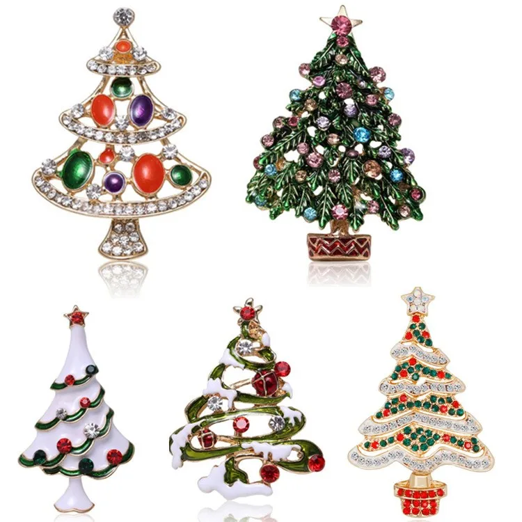Exqusite Rhinestone Christmas Tree Brooches for Women Unisex Enamel Botanical Pin Party Friend Gifts Jewelry Accessories