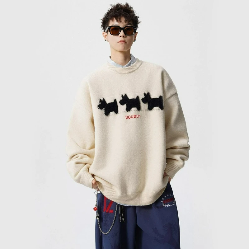 النمط الأمريكي الكرتون طباعة سترة الرجال 2026 شتاء موضة جديدة عادية الجولة الرقبة محبوك سترة فضفاضة تنوعا زوجين