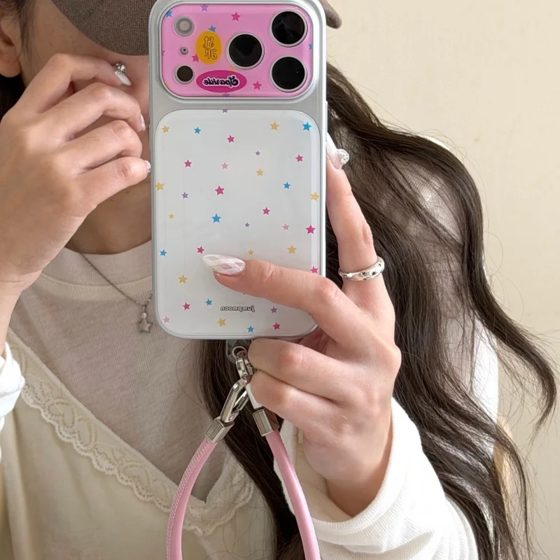 

Fashion Plating Silver Cute Star Phone Case For iPhone 17 Pro 16 14 15 Pro Max Cover with Hand Rope Cartoon Protective Cases Fun