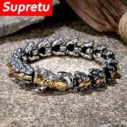 Vintage Norse Mythology Dragon Bracelet Men Mix Gold Color Stainless Steel Vikings Biker Bangle Punk Scandinavian Jewelry Gifts