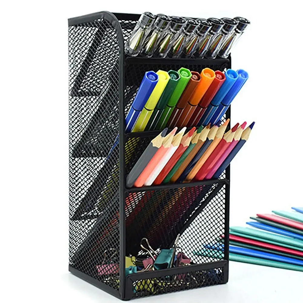 Mesh Pencil Pen Holder 5 Slots Oblique Insertion Type Stationery Storage Box Durable Multi-Functional Makeup Brushes Organizer