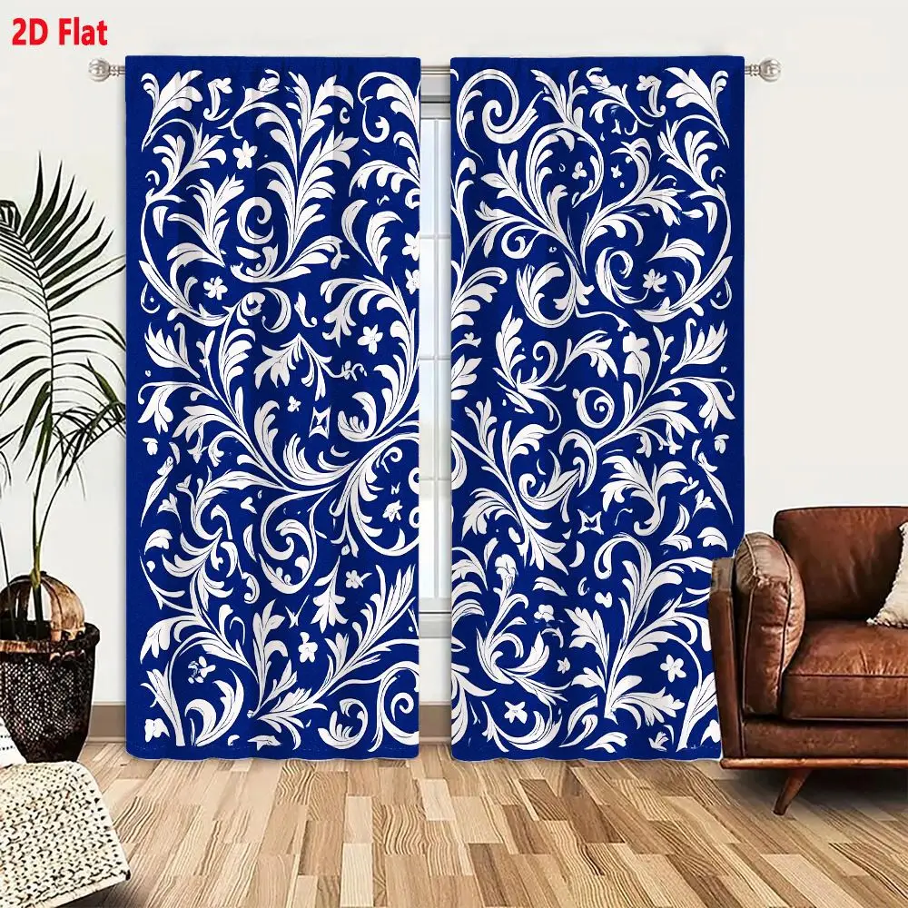 2Pcs Curtains 2D Flat Deep Blue Background Intricate White Floral And Scrollwork Decorative Pattern With Swirling Vine-like Tend