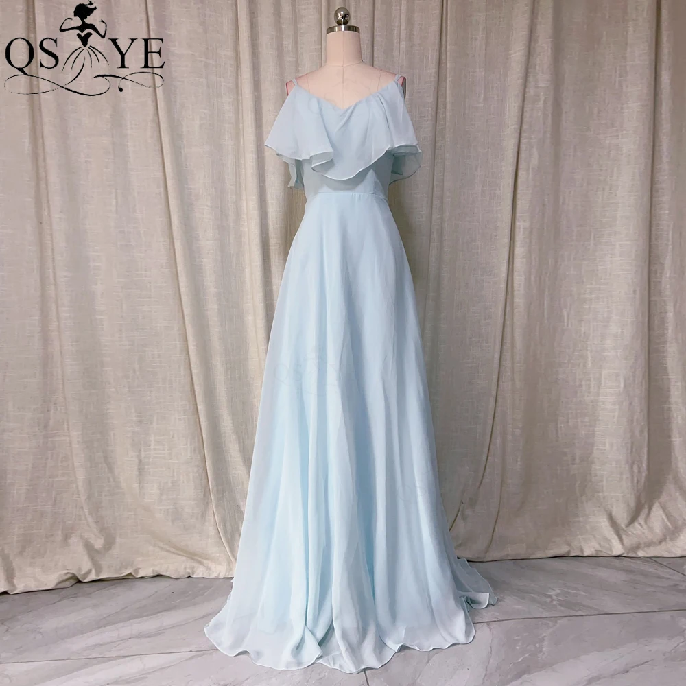 

Light Blue Chiffon A line Prom Dresses Spaghetti Straps V neck Slight Elegant Evening Gown Floor Length Woman Party Gown