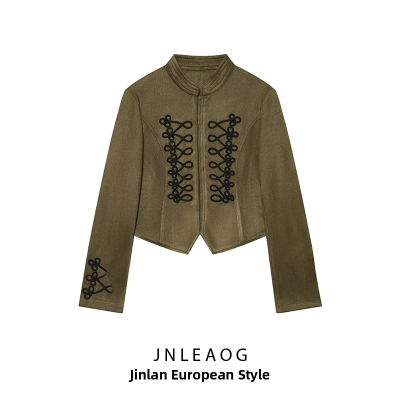 JNLEAOG Fashionable Velvet Texture Coat with Rope Buckle Autumn New Arrival Women's Short Outerwear Standard Fit Polyester
